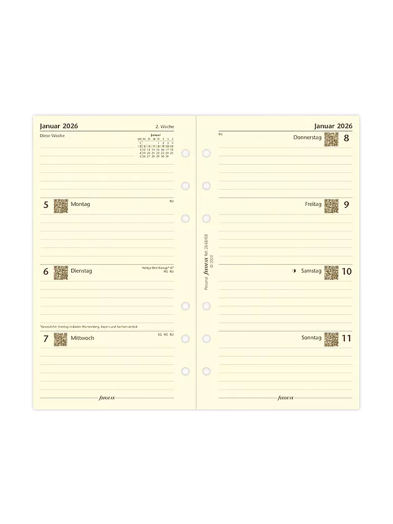 FILOFAX | Recambio de calendario semanal en alemán Personal 2026 | Blanco