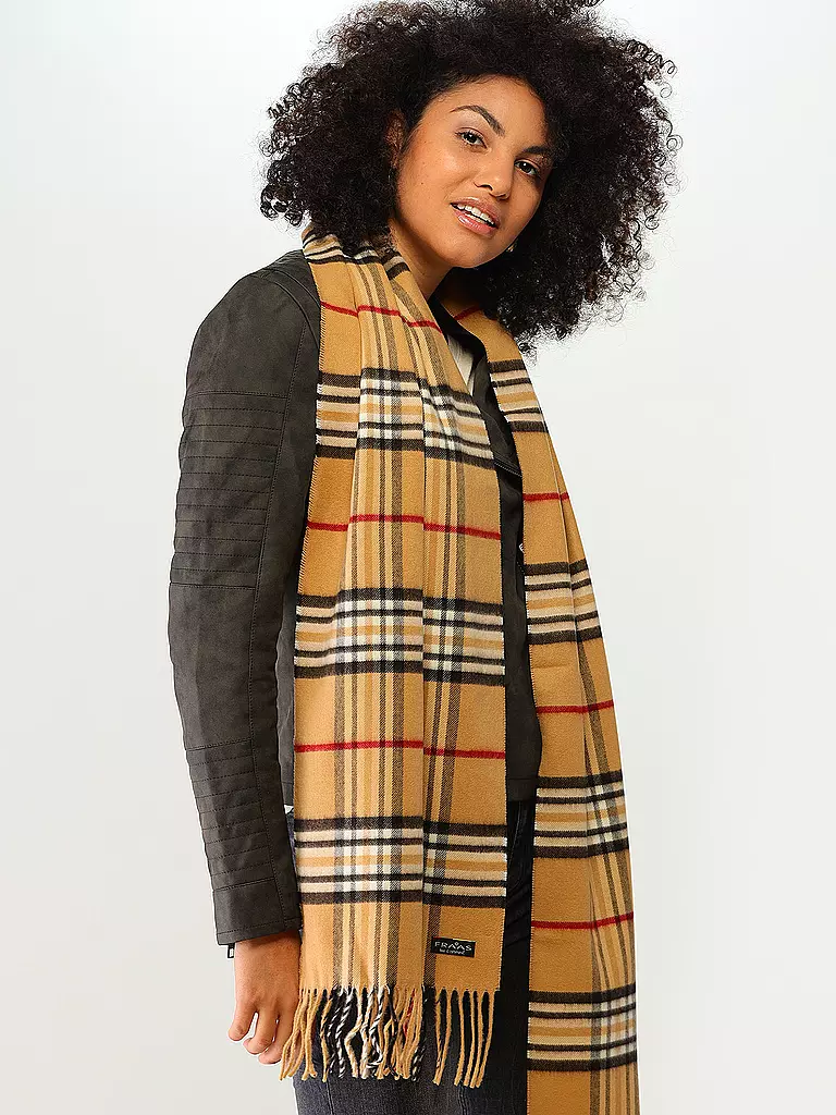 FRAAS | Bufanda
Produktname: Schal 
Marke: FRAAS
Farbe: camel
Kategorien: Mode,Damen

Material: Polyacryl / Acryl,Feinstrick
Musterung: Allover,Karo
Stil: Casual
Details: Fransen | Camel