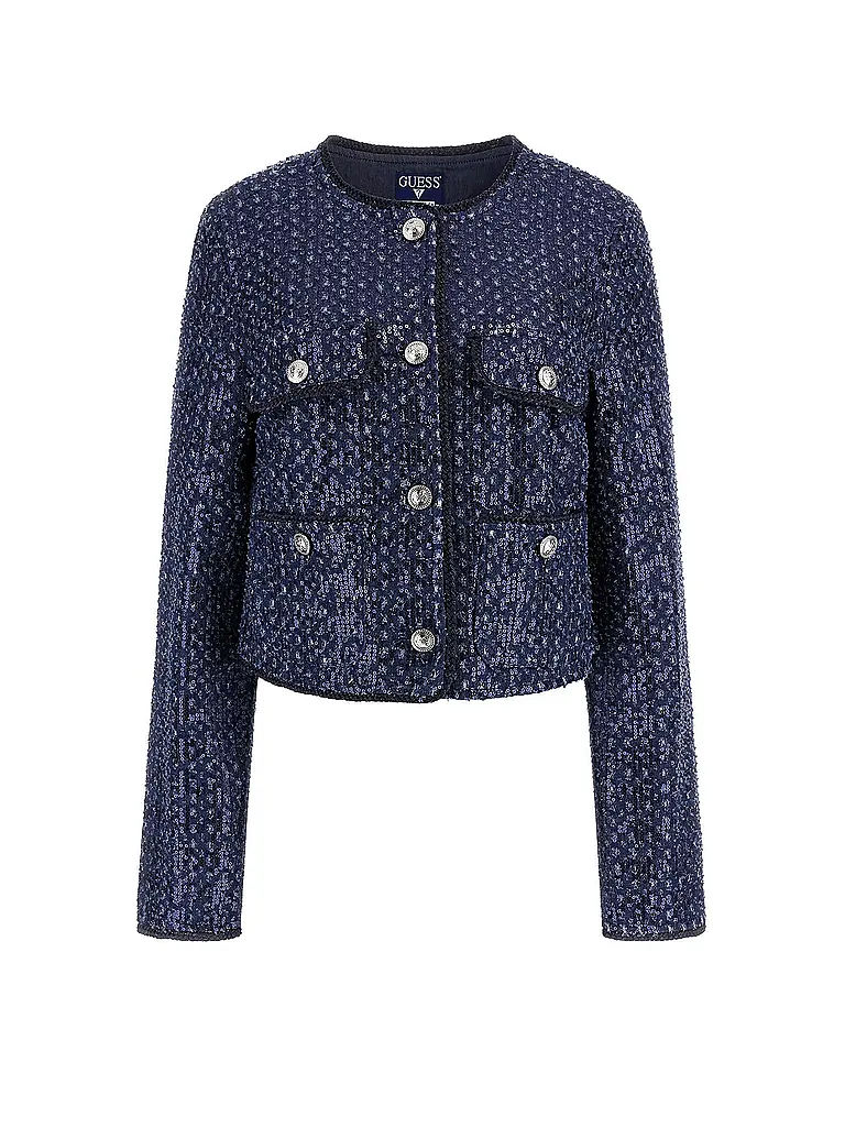 GUESS | Nombre del producto: Chaqueta ELISA
Marca: GUESS
Color: azul oscuro
Categorías: Moda, Mujer
Largo de manga: Manga larga
Escote: Cuello redondo
Material: Poliéster / Poliamida, Algodón, Boucle
Estampado: Liso
Corte (Prenda exterior): Regular
Estilo: Yo |