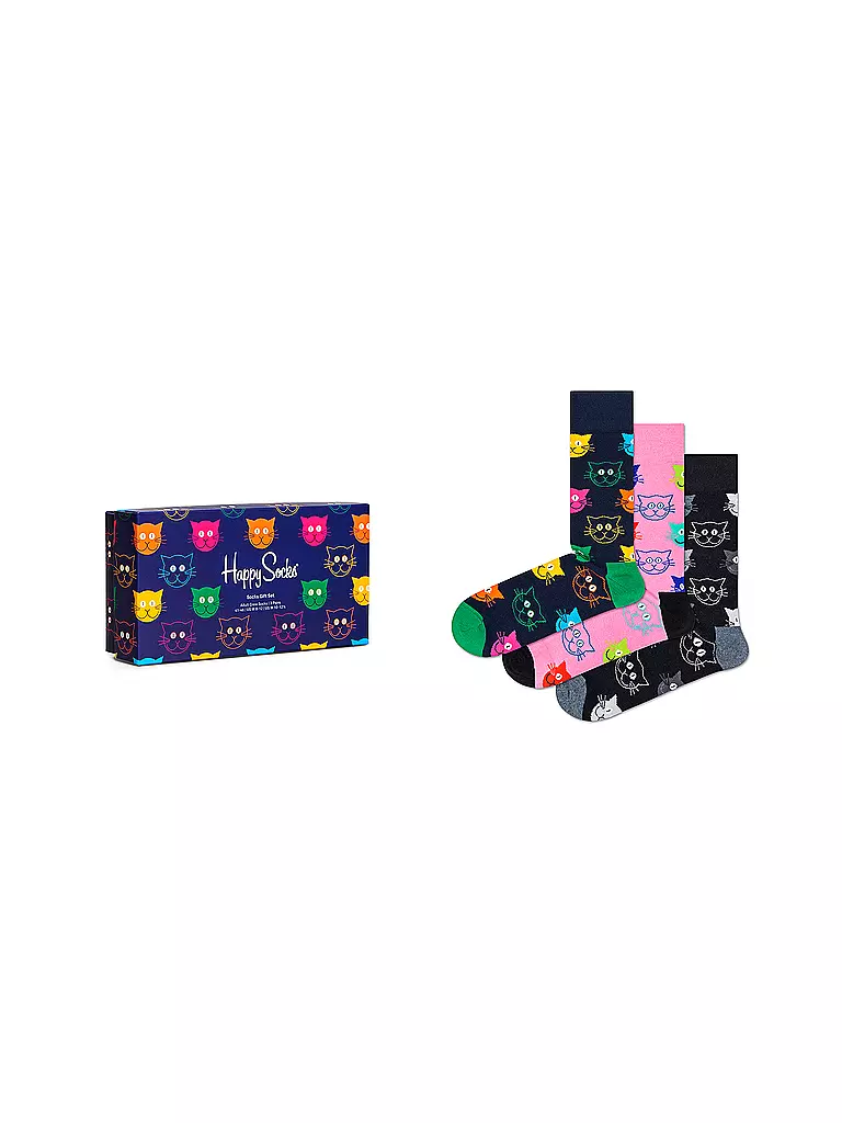 HAPPY SOCKS | Set de regalo de calcetines para mujer MIXED CAT, paquete de 3, talla 36-40, azul marino | Azul oscuro