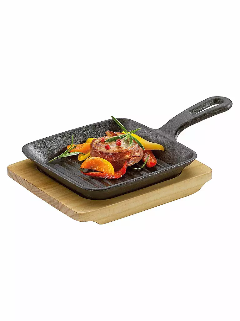 KÜCHENPROFI | Sartén grill/para servir con tabla de madera 23x13,5cm | Negro