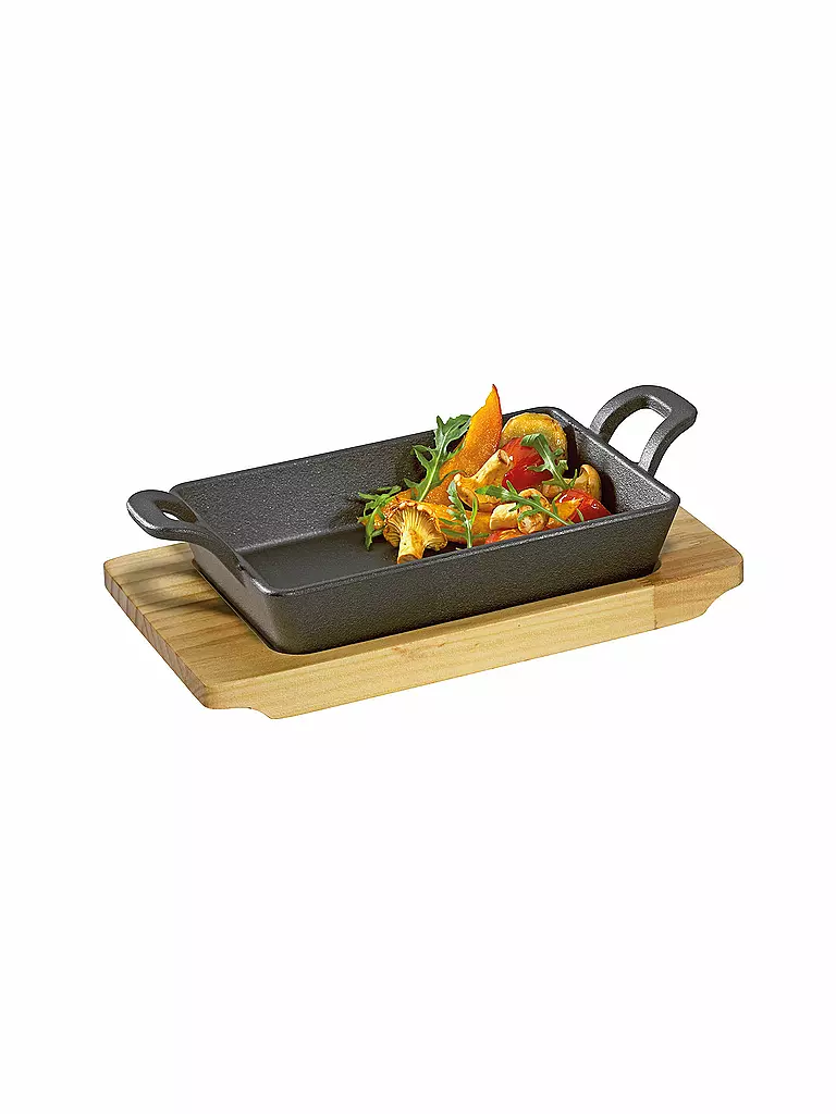 KÜCHENPROFI | Sartén para servir rectangular con tabla de madera 21,5x12,5cm | Negro