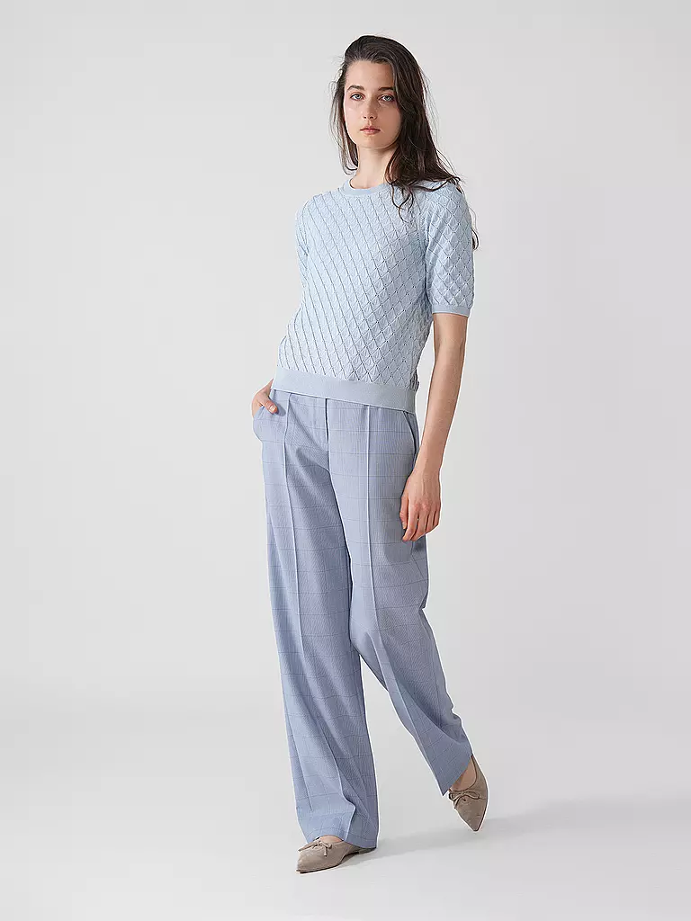 LANIUS | Nombre del producto: Jersey
Marca: LANIUS
Color: celeste
Categorías: Moda, Mujer

Largo de manga: Manga corta
Escote: Cuello redondo
Material: Algodón
Diseño: Liso
Corte (Prenda superior): Regular
Estilo: Pure
Detalles: Punto | Azul claro