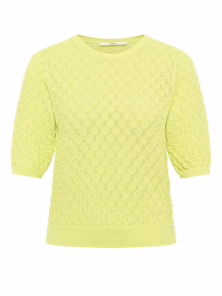 LANIUS | Pullover
Marca: LANIUS
Color: amarillo
Categorías: Moda, Mujer

Largo de manga: Manga corta
Escote: Cuello redondo
Material: Algodón
Estampado: Liso
Corte (Prenda superior): Regular
Estilo: Pure
Detalles: Patrón de punto | Amarillo