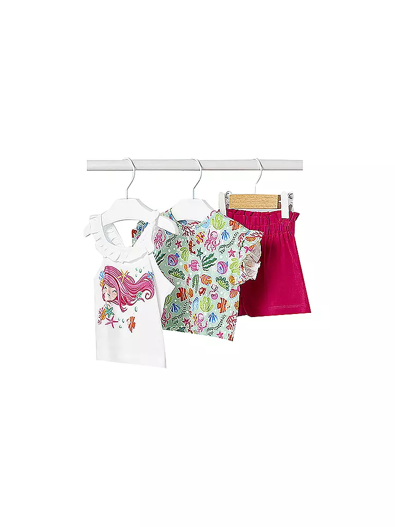 MAYORAL | Conjunto de bebé de 3 piezas, camiseta, top y shorts | Fucsia