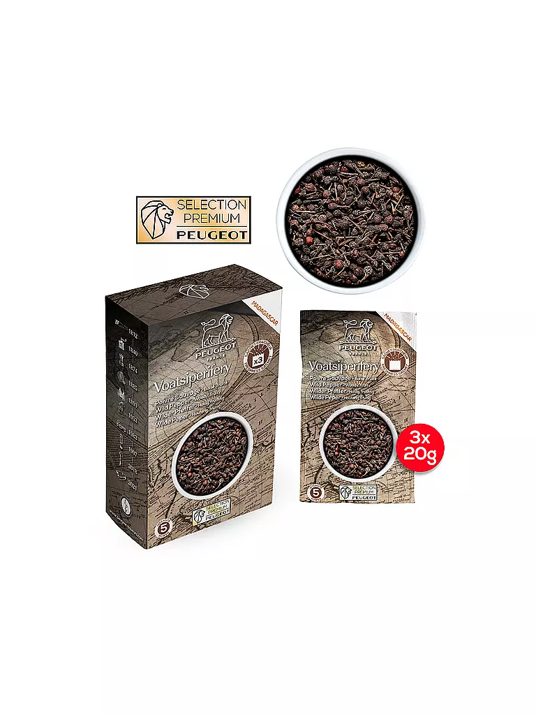 PEUGEOT | Pimienta salvaje Voatsiperifery Madagascar 3x20g | Negro