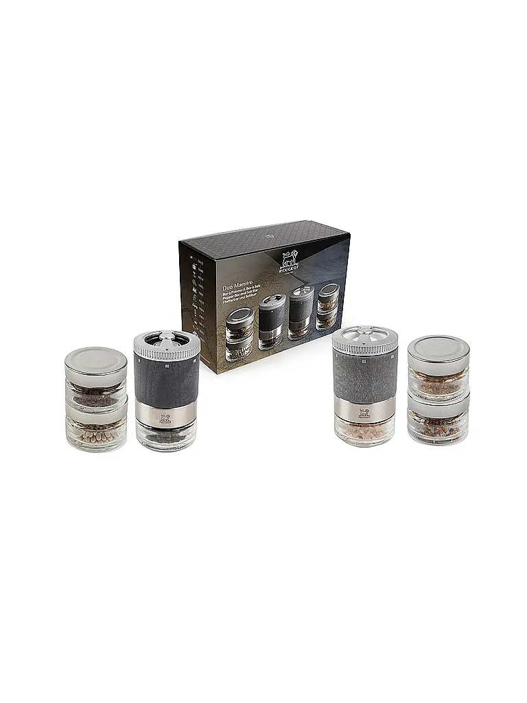 PEUGEOT | Set de regalo MAESTRO DUO molinillo de pimienta, molinillo de sal, 15 cm, vasos de especias intercambiables, negro, gris | Gris
