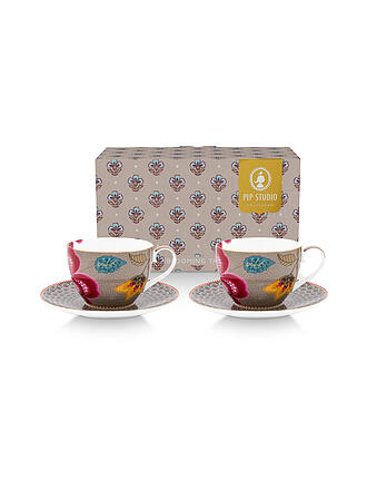 PIP STUDIO | Taza de capuchino con platillo, juego de 2, 280 ml, BLOOMING TALES Fantasy Khaki
