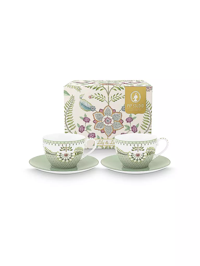 PIP STUDIO | Juego de 2 tazas de capuchino con platillos LILY & LOTUS 280ml Verde claro | Verde claro