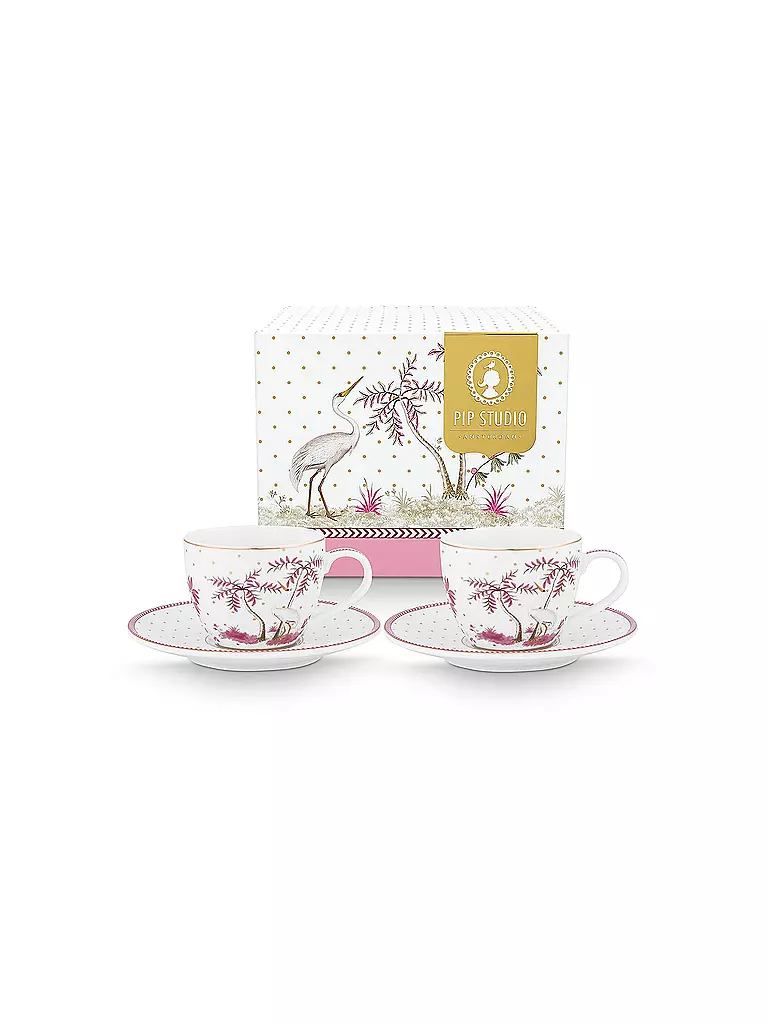 PIP STUDIO | Juego de 2 tazas de espresso con platillo de 120 ml JOLIE DOTS Oro/Rosa | Blanco