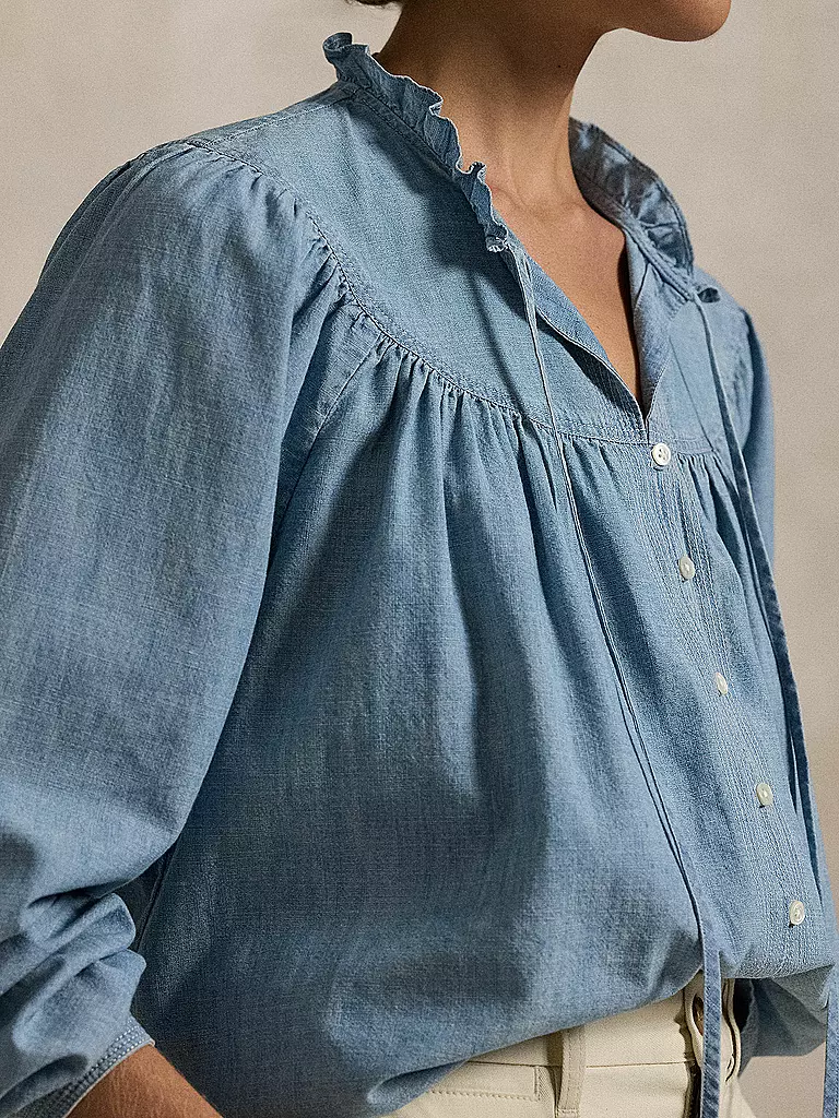 POLO RALPH LAUREN | Bluse
Produktname: Bluse
Marke: POLO RALPH LAUREN
Farbe: blau
Kategorien: Mode,Damen

Ärmellänge: Langarm
Material: Baumwolle
Kragenform: Stehkragen
Musterung: Unifarben
Passform (Oberbekleidung): Regular
Stil: Casual
Details: Raffung,Rüschen | 