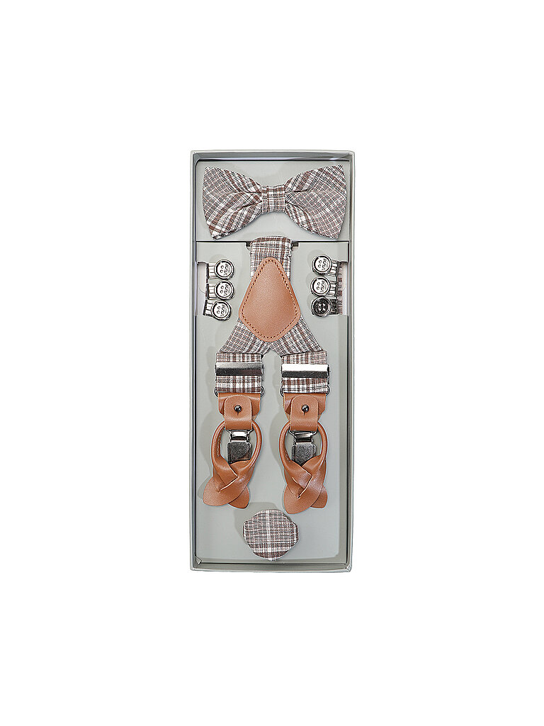 Set de tirantes con pajarita y pañuelo de bolsillo marrón