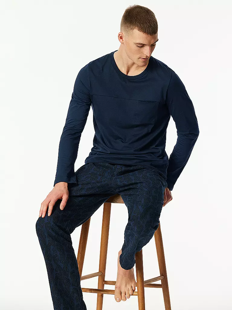 SCHIESSER | Camiseta de pijama de manga larga | Azul oscuro