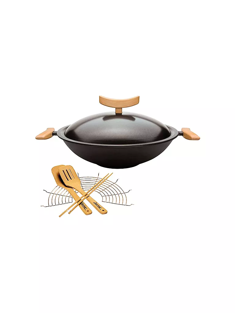 SPRING | Set de wok de hierro fundido con rejilla de 35 cm | Negro