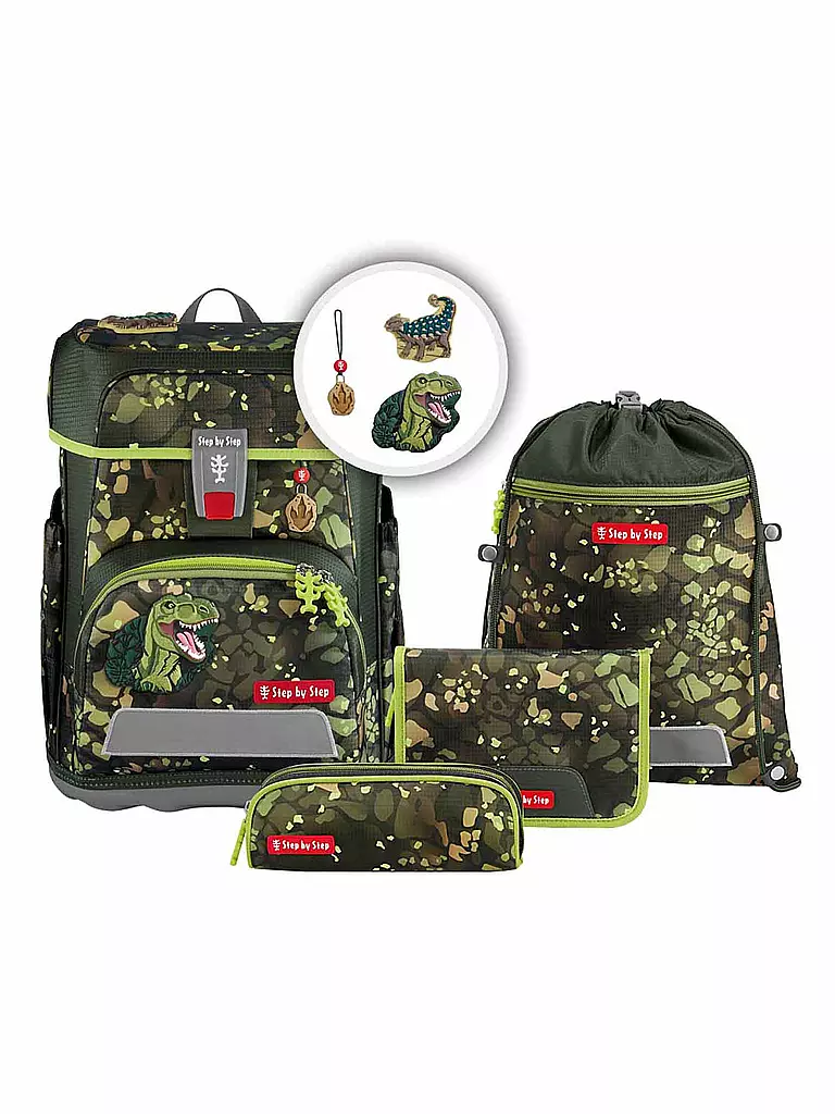 STEP BY STEP | Set de Mochila Escolar 5 piezas CLOUD Dino Torex | Verde oscuro