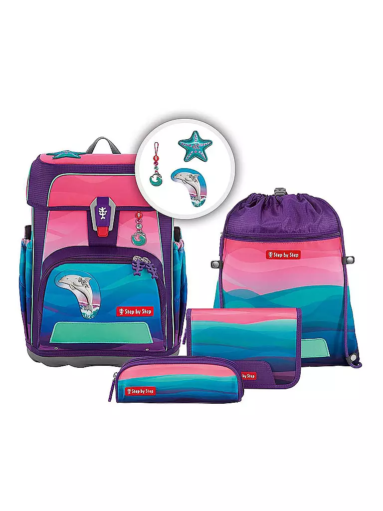 STEP BY STEP | Set de Mochila Escolar de 5 Piezas CLOUD Ocean Dolphin Lana | Fucsia