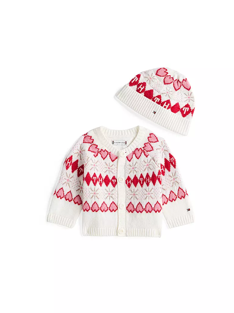 TOMMY HILFIGER | Conjunto de bebé de 2 piezas, cárdigan y gorro | Blanco