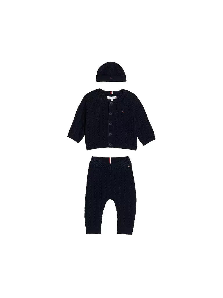 TOMMY HILFIGER | Conjunto de bebé de 3 piezas, cárdigan, gorro y pantalón de punto | Azul oscuro