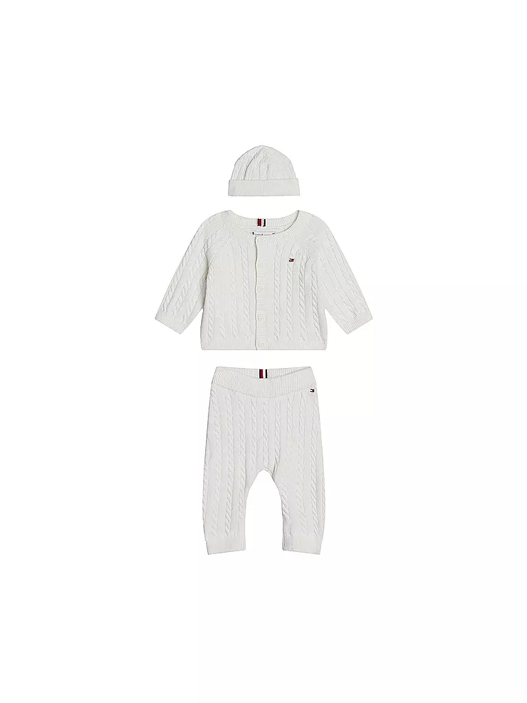 TOMMY HILFIGER | Conjunto de bebé de 3 piezas: cárdigan, gorro y pantalón de punto | Crema