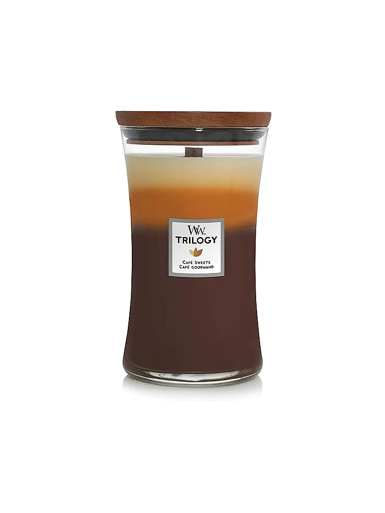 WOODWICK | Vela de reloj de arena con mecha crepitante 454g Trilogy Cafe Sweets | Marrón