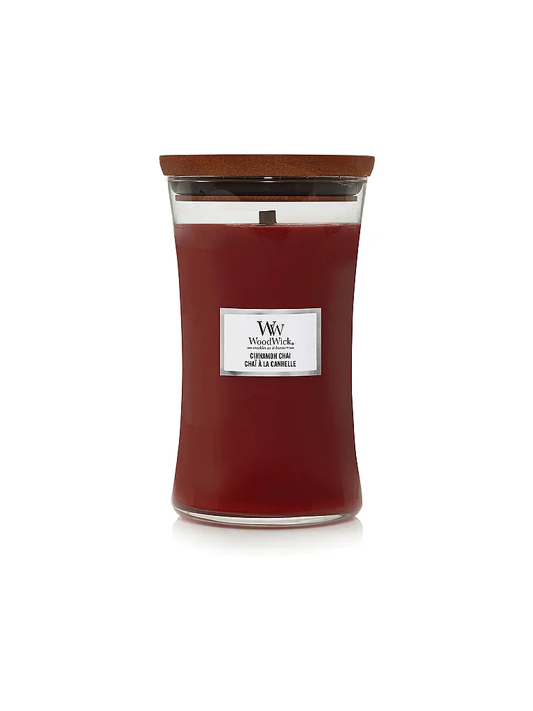 WOODWICK | Vela de reloj de arena con mecha crepitante 610g Large Cinnamon Chai | Rojo oscuro