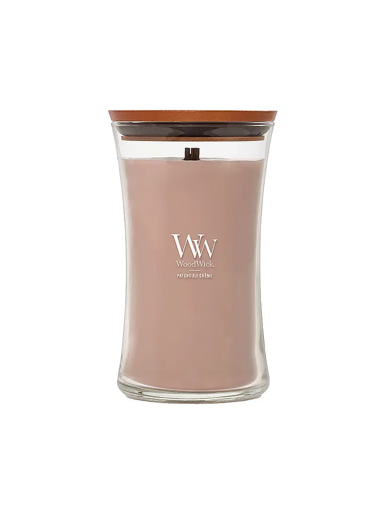 WOODWICK | Vela de reloj de arena con mecha crepitante 610g Large Patchouli Creme | Beige
