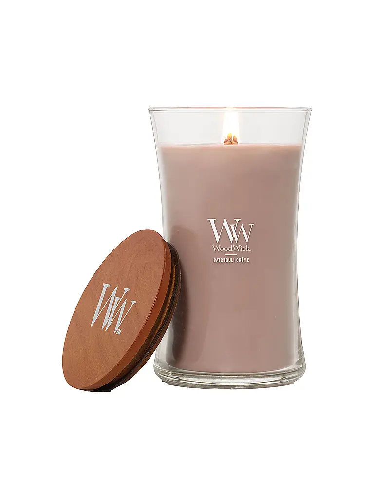 WOODWICK | Vela de reloj de arena con mecha crepitante 610g Large Patchouli Creme | Beige
